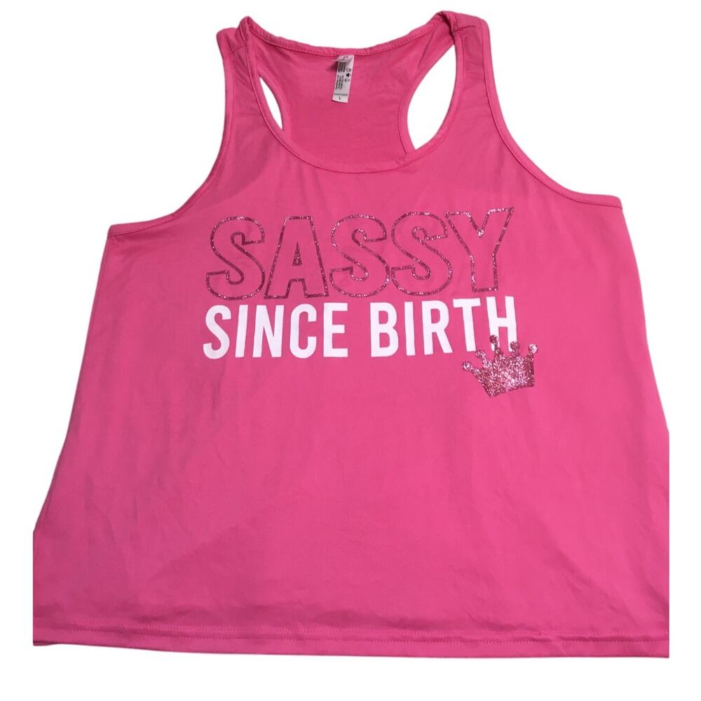 French Affairs Large "Sassy Since Birth" Pink Glitter Crown Razorback T-Shirt